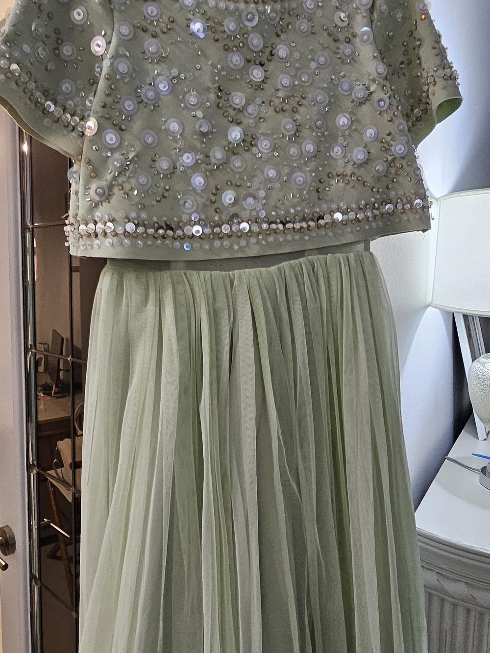 Beaded Two-Piece Tulle Skirt Dress in Sage Green